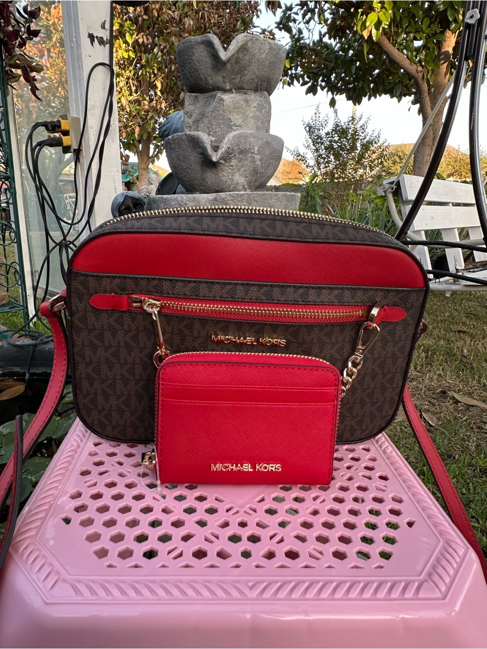 Michael Kors Brown & Red MK Signature Crossbody with Matching Red Card Case